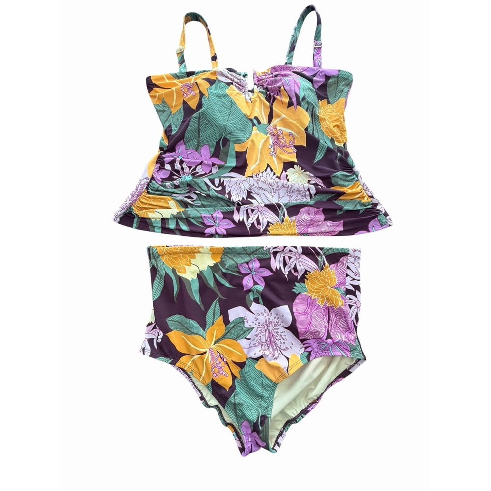 Lands End Women Floral Tankini Set 20W Top Swim Skirt Tropical Swimsuit IJ11-3